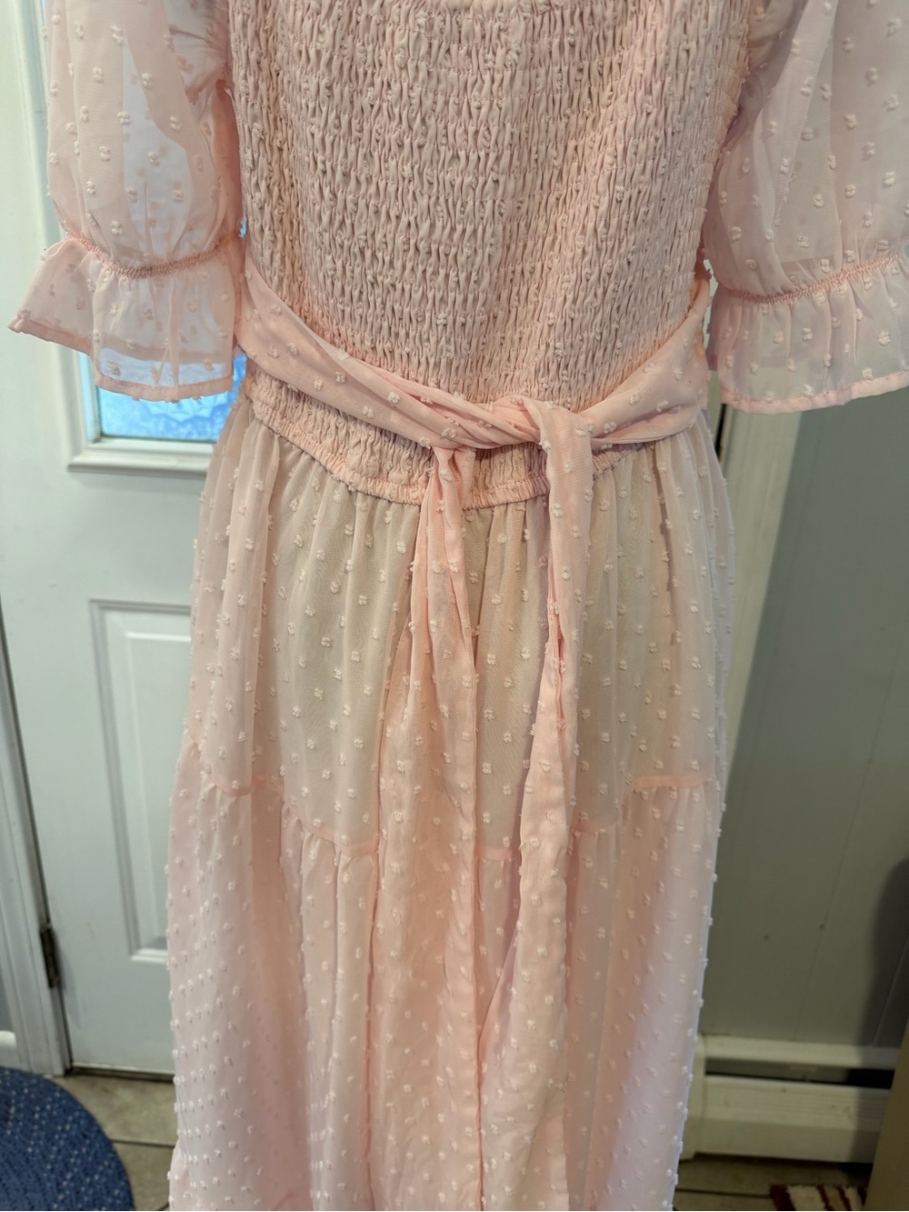 Smocked Swiss Dot Maxi Dress in Light Pink - Picture 8 of 9